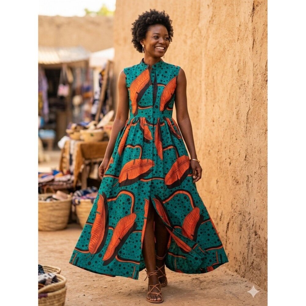 SIKA Ghana Handmade Cotton Maxi Dress Teal Orange Banana Leaf Print Size 4 - Picture 14 of 16